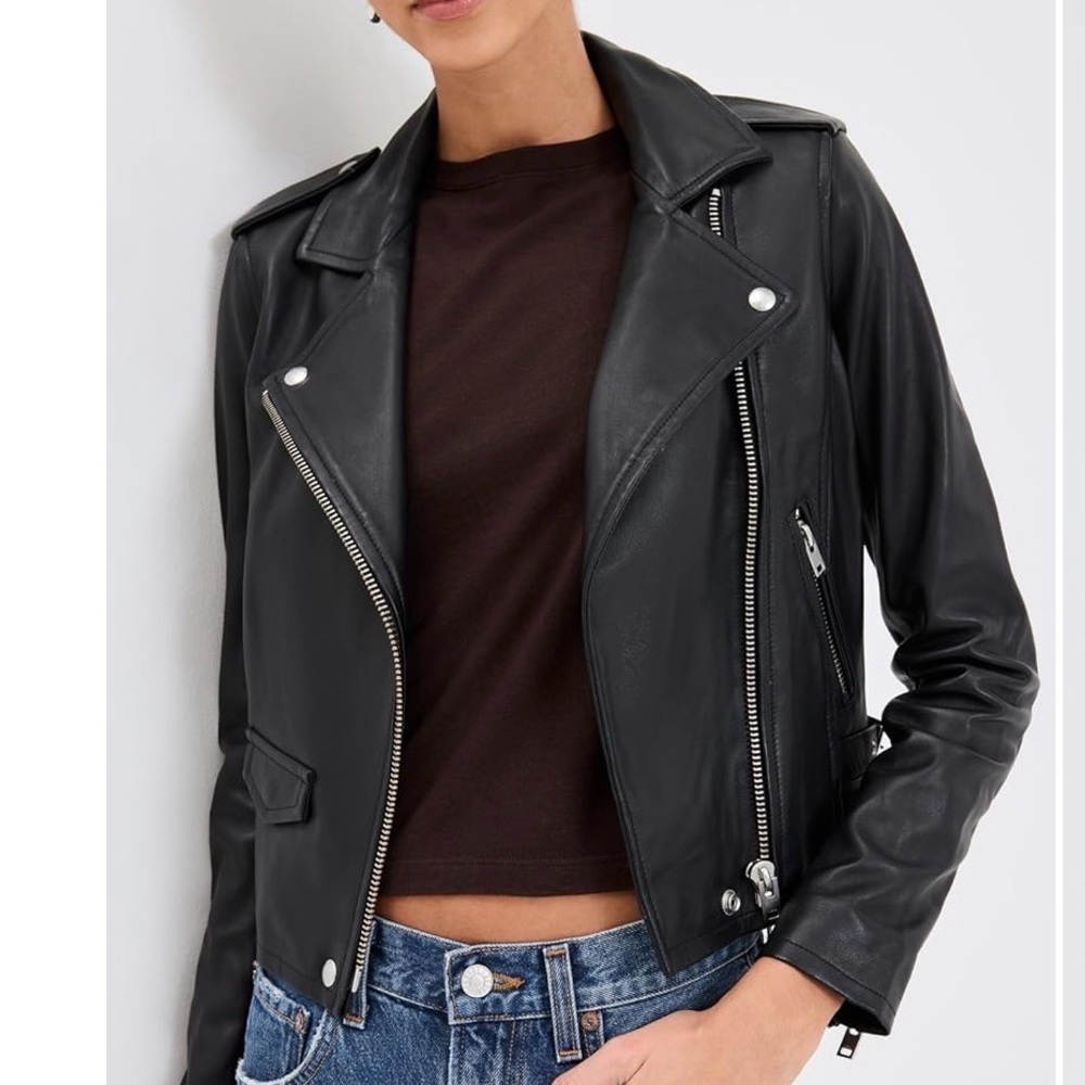 IRO Black Leather Asymmetric Moto Jacket with Silver Hardware